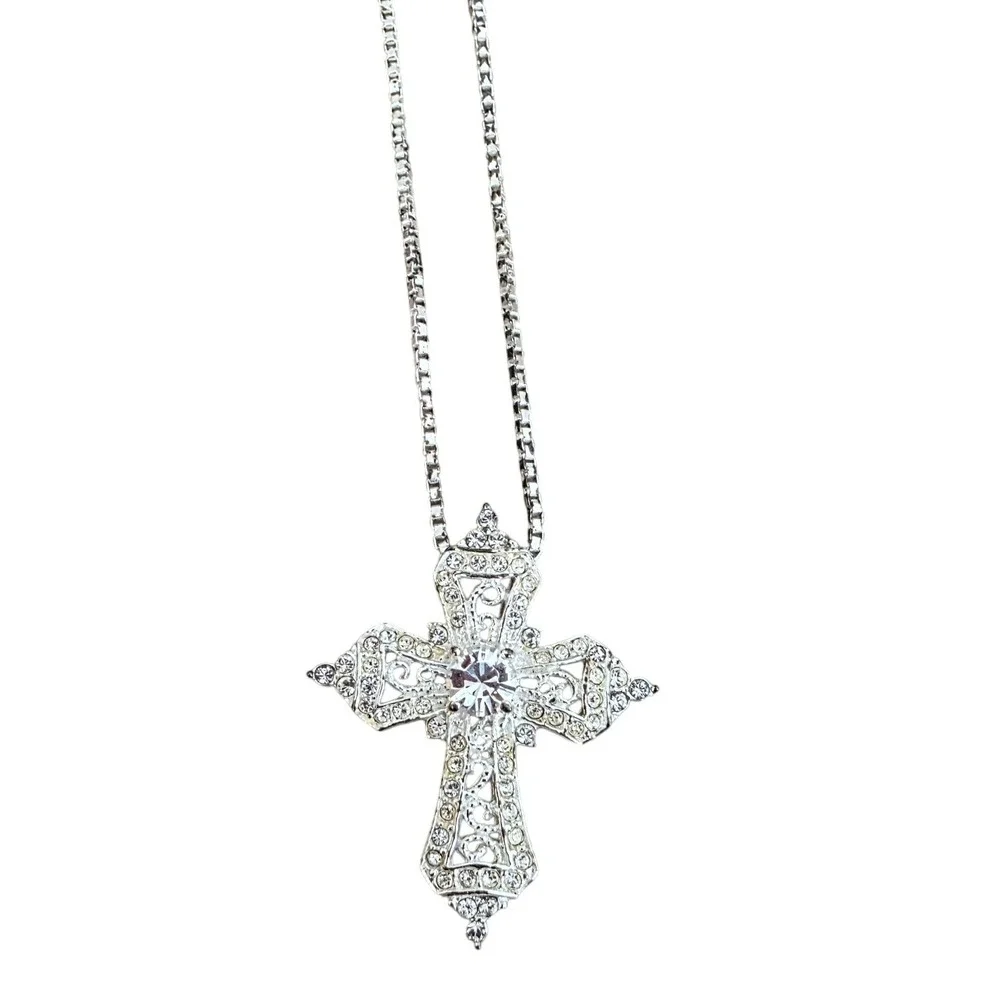 Rhinestone Cross Pendant‎ Necklace Silver Tone Chain Dainty Religious Jewelry